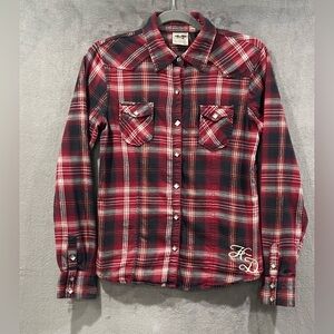Harley Davidson Motorcycles Red Black Plaid Pearl Snap Shirt Women’s Small